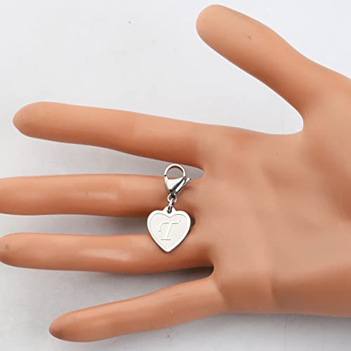 FAADBUK Initial Letter A-Z Alphabet Heart Charms for Jewelry Bracelet Keychain Necklace Initial Stainless steel Clasp Clip on Charm - color: intial T