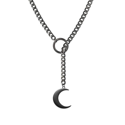 Slip Chain Necklace for Women Gothic Stainless Steel Bar Pendant Cuban Link Necklaces Adjustable Goth O Ring Long Necklaces Punk Rock Collar Choker Trendy Lariat Y Necklace - color: Black moon