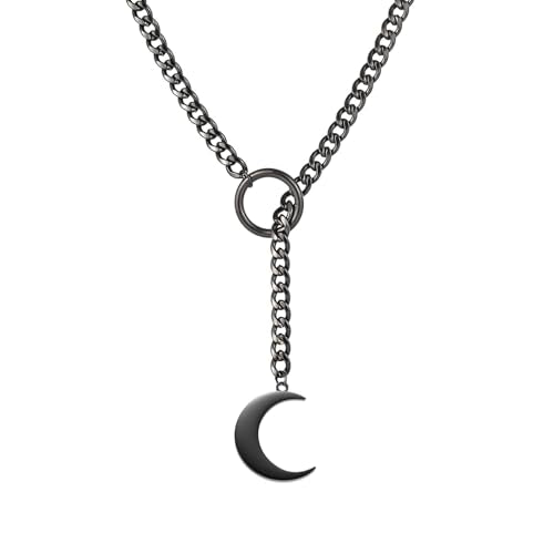 MIFYNN Heart O ring Slip Chain Necklaces for Women Stainless Steel Cuban Chain Bar Necklace Punk Rock Collar Necklace Handmade Adjustable Lariat Y Necklaces for Men - color: Black moon