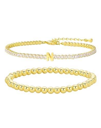 14K Gold Plated Bracelets for Women Dainty Tennis Initial Bracelet Trendy Beaded Stackable Charm Bracelets Layered Waterproof Bracelet Dainty Bracelet for Women Jewelry Gifts - style: N