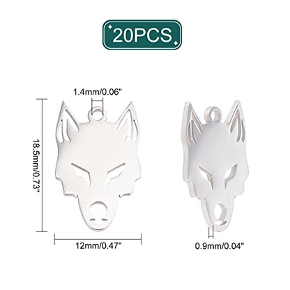 UNICRAFTALE 20pcs Wolf Pattern Charms Stainless Steel Pendants Metal Animal Charm for Bracelets Necklaces Jewelry Making, Stainless Steel Color, Hole 1.4mm - size: 18.5mm long
