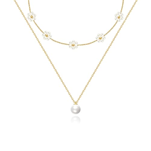 HERIER Gold Jewelry Set for Women - Dainty 14K Gold/Silver Plated Pearl Choker Necklace, Drop Earrings & Bracelets - Wedding Trendy Pearl Jewelry Gift - color: Daisy Pearl Set-Gold