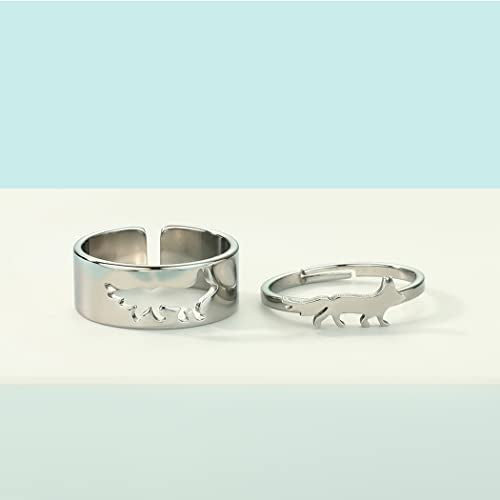 2PCS Matching Cute Animals Promise Engagement Rings for Couples Men Women Jewelry Band Sets 316L Stainless Steel Adjustable Open Ring - color: Fox-s