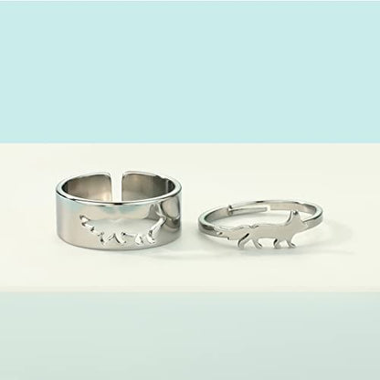 2PCS Matching Cute Animals Promise Engagement Rings for Couples Men Women Jewelry Band Sets 316L Stainless Steel Adjustable Open Ring - color: Fox-s
