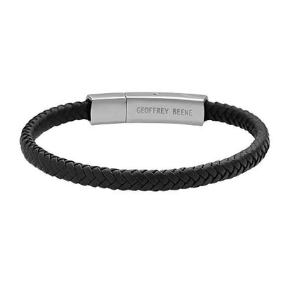 Geoffrey Beene Men's Braided Genuine Leather Fashion Bangle Bracelet with Stainless Steel Clasp - color: Silver