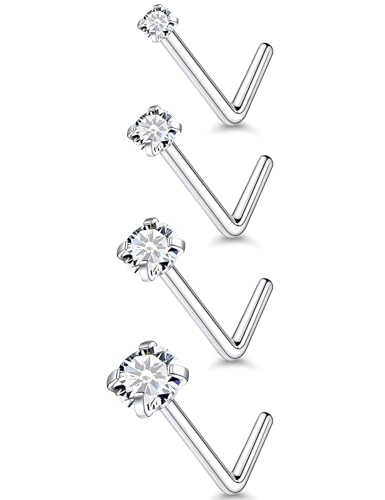 18G 20G 14K Gold Filled Nose Rings Studs Piercing Jewelry For Women Men 316L Surgical Steel Round Square Cubic Zirconia Nose Rings Studs Nostrial Piercing Jewelry CZ 1.5mm 2mm 2.5mm 3mm - color: Silver, size: 18 Gauge-L Shaped-Round CZ