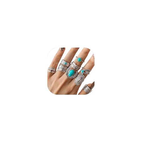 Airvess Vintage Knuckle Rings Set, Chunky Turquoise Stackable Rings, Silver Joint Finger Stacking Rings, Bohemian Western Jewelry for Women - style: 9 Pcs