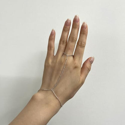 Kakikaki 925 Sterling Silver Finger Ring Bracelet Hand Chain for Women | Slave Bracelets 7" to 9" Adjustable - color: Silver, style: Satellite Chain
