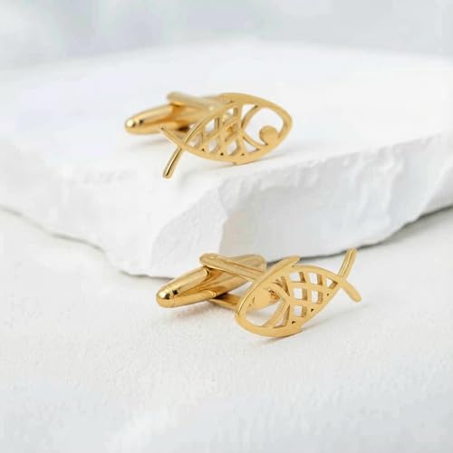 Men’s Abstract Fish Cufflinks – Stainless Steel Nautical-Themed Cuff Links with Gift Box & Polishing Cloth – Available in Silver & Gold - color: golden