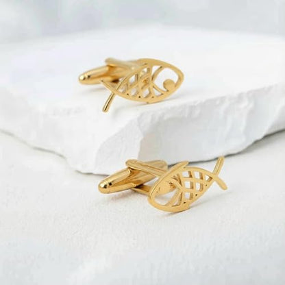 Men’s Abstract Fish Cufflinks – Stainless Steel Nautical-Themed Cuff Links with Gift Box & Polishing Cloth – Available in Silver & Gold - color: golden