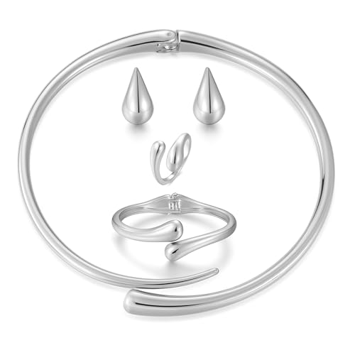 4 Pcs Chunky Gold Jewelry Set for Women, 14K Gold Plated Cuff Choker Collar Necklace, Teardrop Drop Earrings, Teardrop Wrap Ring, Hinged Cuff Bangle Bracelets, Statement Fashion Jewelry - color: 4 Pcs Silver Jewelry Set