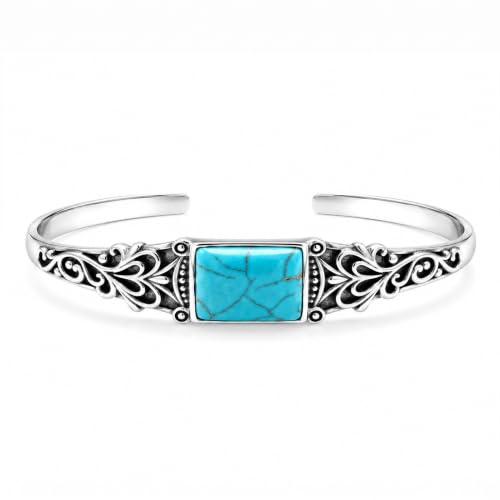 Native American Genuine Turquoise Cuff Bracelet for Women, 925 Sterling Silver Turquoise Boho Bangle, Adjustable Open Cuff Fits 6-7.5 Inches - style: Rectangle Turquoise