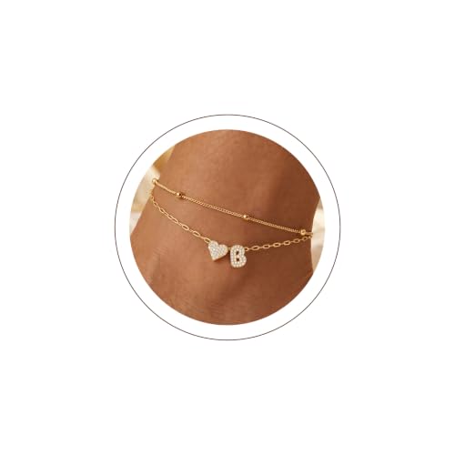 KeyStyle Heart Initial Ankle Bracelets for Women, Layered CZ A-Z Letter | 14K Gold Plated or Silver Stainless Steel Anklet, Hypoallergenic Waterproof Layered Jewelry for Daily Wear & Special Gifts - color: Gold-B