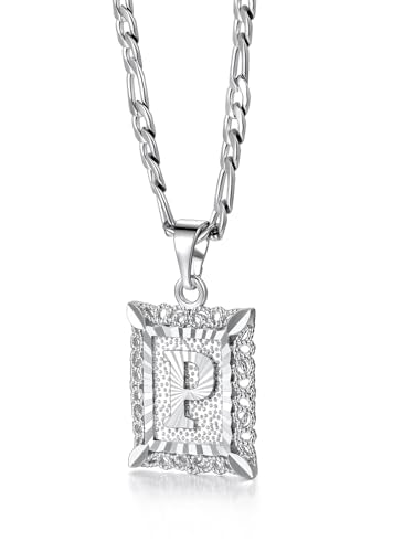 U7 Initial Letter Necklace for Men Women, 14K Gold/Silver Plated Square Capital Monogram Pendant Necklace from A-Z with 22+2 Inch Figaro Chain, Personalized Jewelry for Him - color: Silver, style: P