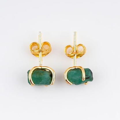 YASHEE Emerald Crystals Stud Earring, Raw Stone, Chakra Energy Healing Gemstone, Real Crystal, May Birthstone, Women & Girls Push Back Earrings, Gold Plated Christmas Gift Jewelry