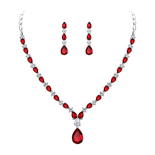EVER FAITH Pear Shaped Cubic Zirconia Bridal Wedding Jewelry Set for Women | Gorgeous Water Drop Bride Necklace Dangle Earrings, for Bride Bridesmaid - color: Red