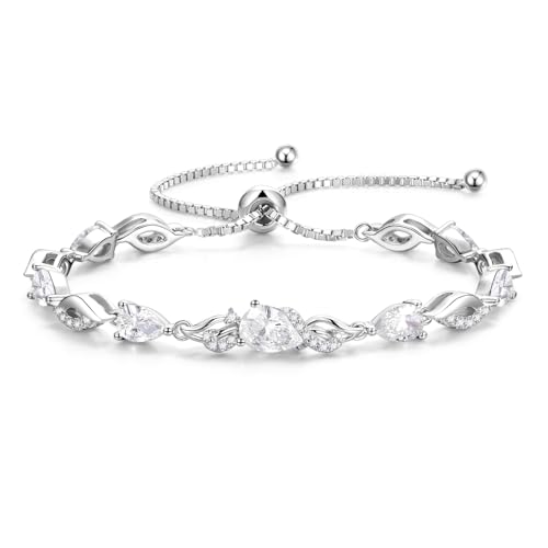 FANCIME Birthstone Teardrop Tennis Bracelet for Women, Sterling Silver 9x7mm main Gemstone Bolo Adjustable Chain Bracelet Fine Jewelry Birthday Gifts for Women Mom Wife Her - color: 04-CZ