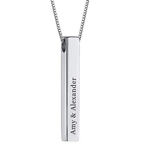 Custom 3D 4-Side Bar Necklace Personalized Vertical Bar Name Necklace Birthday Mother's Day Gifts Handmade Jewelry Gift for Women Mom Customized Bar Pendant - color: Silver