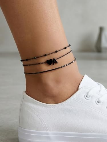 Ankle Bracelets for Women Waterproof 14K Gold/Silver/Black Initial Anklet for Women Dainty Layered Heart Ankle Bracelets Stainless Steel Adjustable Foot Chain Anklet Summer Beach Jewelry - color: A-Black