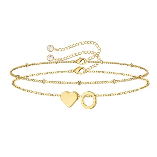 M MOOHAM Initial Bracelets for Teen Girls - 14K-Gold-Plated Heart Initial A-Z Bracelets for Women Girl Jewelry Gifts Trendy, Dainty Gold Bracelet Letter Bracelet Birthday Gifts for Women Girls Her - color: Gold-Plated, style: O