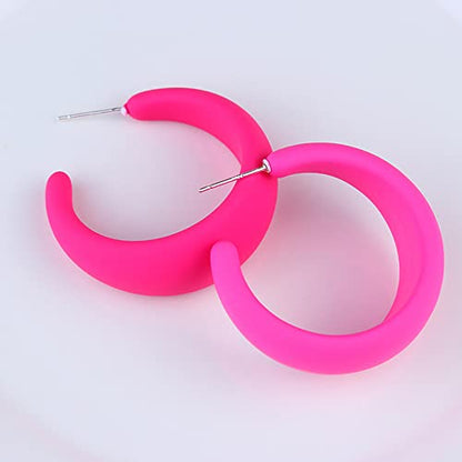 Acrylic Resin C Shape Colorful Hoop Trendy Chunky Cute Candy Earrings - Jewelry for Women - color: Rose Red