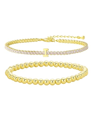 14K Gold Plated Bracelets for Women Dainty Tennis Initial Bracelet Trendy Beaded Stackable Charm Bracelets Layered Waterproof Bracelet Dainty Bracelet for Women Jewelry Gifts - style: I