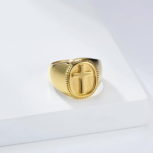 Men Engagement Ring Stainless Steel, Men Stainless Steel Signet Ring with 18MM Wide Oval with Cross, Gold, Size 11