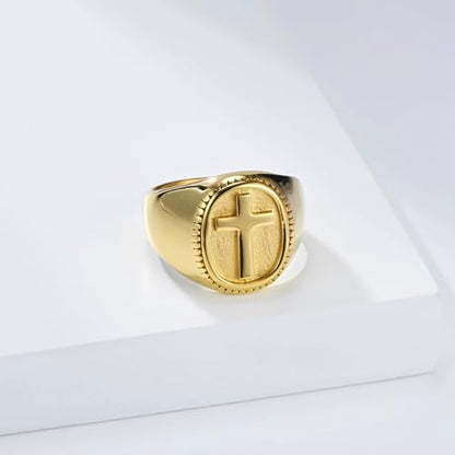 Men Engagement Ring Stainless Steel, Men Stainless Steel Signet Ring with 18MM Wide Oval with Cross, Gold, Size 11