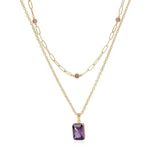 Birthstone Layered Pendant Paperclip Necklace 18k Gold Plated Heart Choker Chain Necklace Emerald Cut Jewelry Birthday Gift for Women - color: Emerald-Cut Amethyst