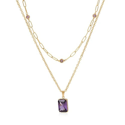 Birthstone Layered Pendant Paperclip Necklace 18k Gold Plated Heart Choker Chain Necklace Emerald Cut Jewelry Birthday Gift for Women - color: Emerald-Cut Amethyst