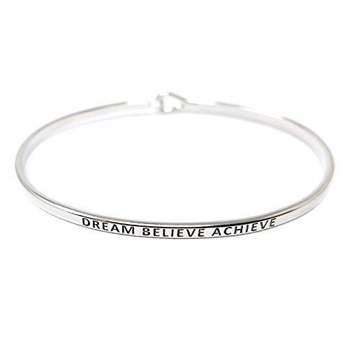by you Inspirational Positive Message Engraved Thin Cuff Bangle Hook Bracelet - color: Dream Believe Achieve-Silver