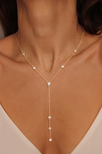 CHESKY Lariat Gold Necklace for Women, Dainty Long Necklace 14k Gold Plated Y-Shaped Pendant Necklace Trendy Layered CZ Beaded Chain Drop Necklaces Simple Gold Jewelry for Women Gifts - color: 8