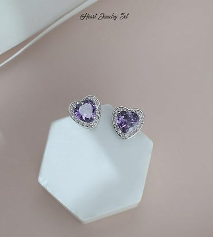 Cubic Zirconia LOVE Heart Jewelry Set Earrings Necklace Bracelet Set for Women Prom Wedding Party Anniversary Birthday - color: Purple