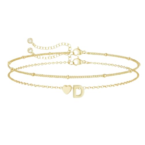 Gold Initial Bracelets for Women Trendy, Dainty Layered 14K Gold Plated Heart Letter Charm Bracelets, letter beads for name bracelets Jewelry Gifts - color: Gold-D