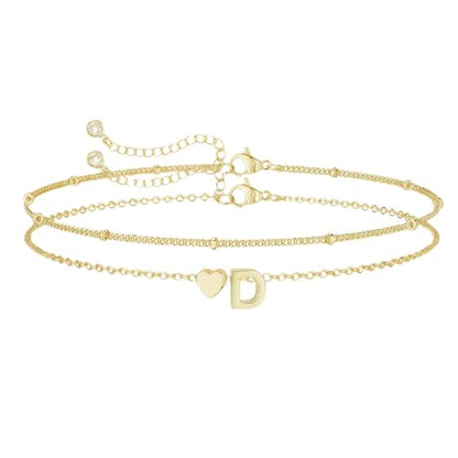Gold Initial Bracelets for Women Trendy, Dainty Layered 14K Gold Plated Heart Letter Charm Bracelets, letter beads for name bracelets Jewelry Gifts - color: Gold-D