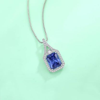 Created Gemstone Necklace 925 Sterling Silver Halo Rectangular Pendant Birthstone Necklaces Jewelry Gifts for Women - color: 12 December - Tanzanite