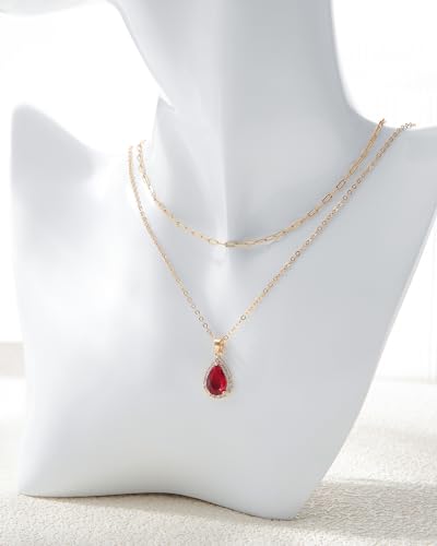 Gold Layered Necklaces for Women, 18k Gold Plated Crystal Necklace Paperclip Choker Emerald Green Jewelry for Women Gifts - color: Red Water Drop