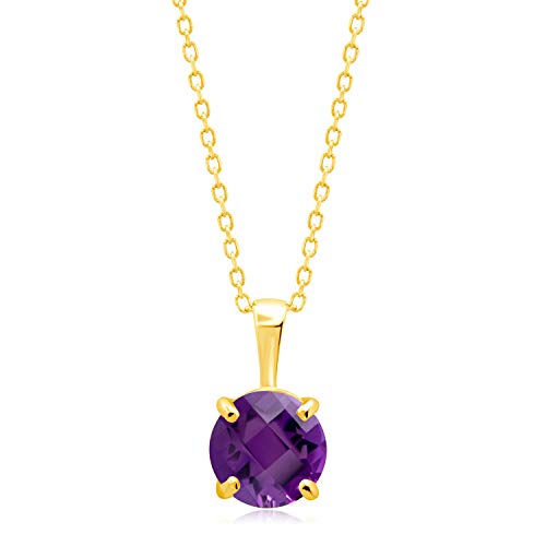 MAX + STONE 14k White or Yellow Gold Gemstone Round Pendant Necklace for Women 6mm Solitaire Birthstone with 18 Inch Cable Chain - color: Genuine Amethyst