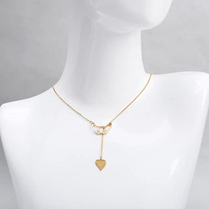 18K Gold Plated Stainless Steel Bee Honeycomb Pendant Necklace, Adjustable Y Lariat Conch/Guitar/Horseshoe Necklace for Women - color: Gold, style: Hand in Hand Heart