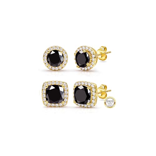 2 Pairs S925 Sterling Silver Stud Earrings for Women Halo Cubic Zirconia | 14K Gold Plated Hypoallergenic Non Tarnish Round Square Silver Stud Earring for Women Men Dainty Trendy Jewelry - style: Gold-Black Stone