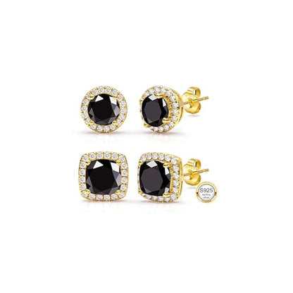 2 Pairs S925 Sterling Silver Stud Earrings for Women Halo Cubic Zirconia | 14K Gold Plated Hypoallergenic Non Tarnish Round Square Silver Stud Earring for Women Men Dainty Trendy Jewelry - style: Gold-Black Stone