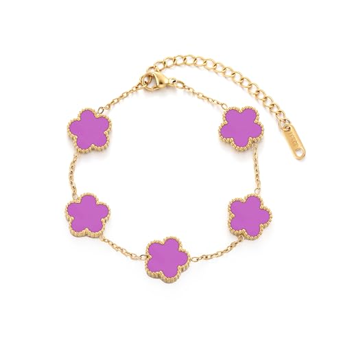 TICVSS Four Leaf Clover Bracelet for Women 18K Gold Plated Stainless Steel Lucky 4 Leaf Gold Link Bracelet Jewelry Gift for Women - color: Purple