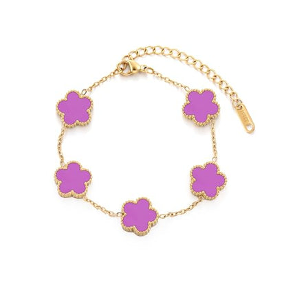 TICVSS Four Leaf Clover Bracelet for Women 18K Gold Plated Stainless Steel Lucky 4 Leaf Gold Link Bracelet Jewelry Gift for Women - color: Purple