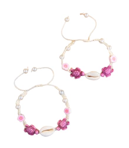 2Pcs Handmade Braided Flower Shell Anklet Bracelet Woven Bohemian Flower Starfish Shell Turtle Charms Stretchable Bracelet Wristlet for Women Men Summer Beach Jewelry