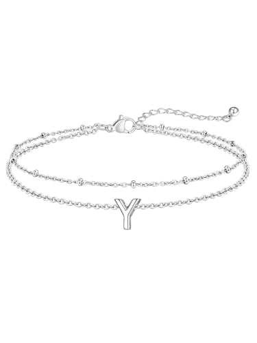 FaithHeart Initial Ankle Bracelets for Women, Waterproof 14k Gold Plated Initial Anklets Non Tarnish Stainless Steel Cute Layered Anklet Summer Beach Jewelry - color: Silver, size: Initial Y