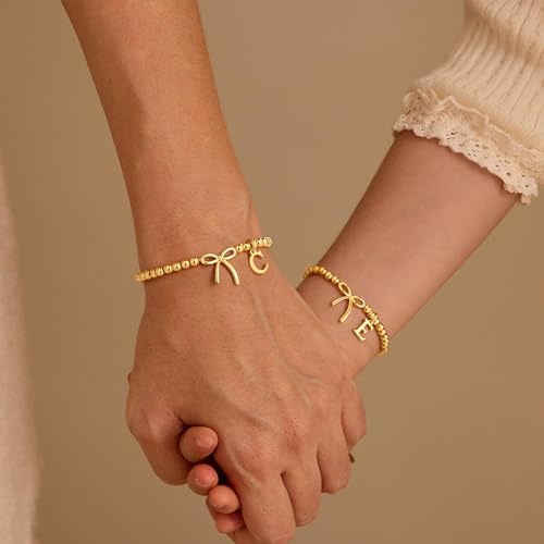 M MOOHAM Bow Initial Bracelets for Women Girls, Letter A-Z Beaded Bracelet | 14K Gold Plated, Bow Bracelets for Girls, Gold Bracelet, Beaded Initial Bracelet, Birthday Gift for Teen Girl Jewelry - color: H