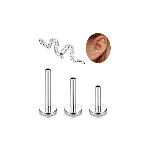 LOLIAS 16G G23 Titanium Tragus Conch Helix Piercing Jewelry 6mm 8mm 10mm - Internally Threaded Flat Back Stud Cartilage Earrings Hypoallergenic Forward Earlobe Labret Tragus Piercing Jewelry - color: Snake-Titanium