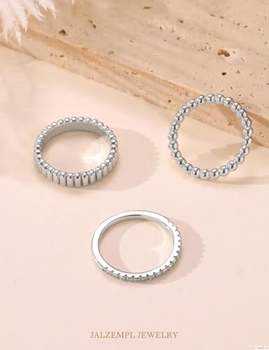 3Pcs Stackable Gold Rings Set for Women Cubic Zirconic Ribbed Bead Jewelry | 14K Gold & Silver Plated, Non Tarnish, Dainty Stacking Design, Trendy Gift - color: Silver
