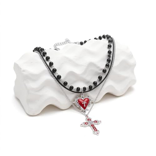 Gothic Necklaces for Women Cross Heart Pendant Layered Necklace Statement Jewelry Dark Romantic Gift for Halloween Parties - color: B:red