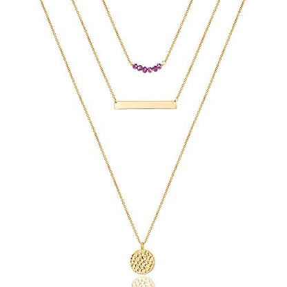 Turandoss Dainty Layered Choker Necklace, Handmade Y Pendant Necklace Multilayer Bar Disc Necklace Adjustable Layering Choker Necklaces for Women - style: 3PCS - Amethyst&Bar&Hammered Disc